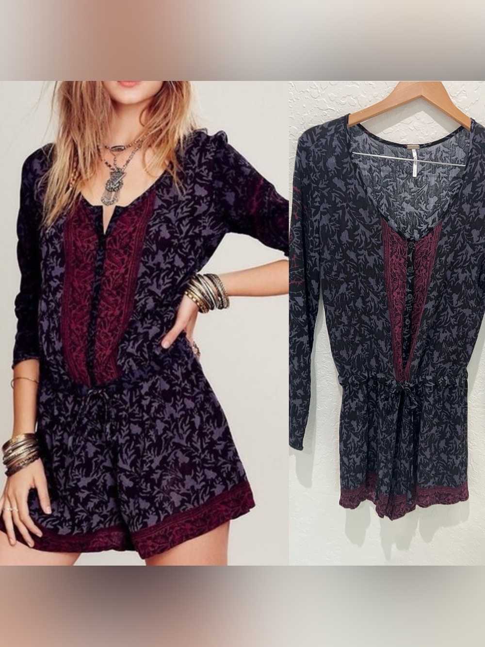 Free People Boho Floral Print Romper in Black and Deep Burgundy Small